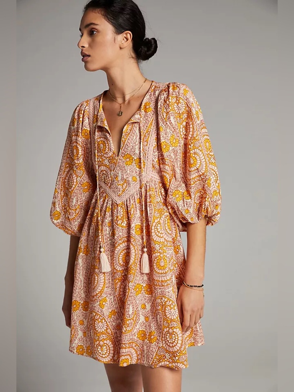 Anthropologie Agathe Lace Mini Dress Pink Paisley Puff Sleeve Petite SP